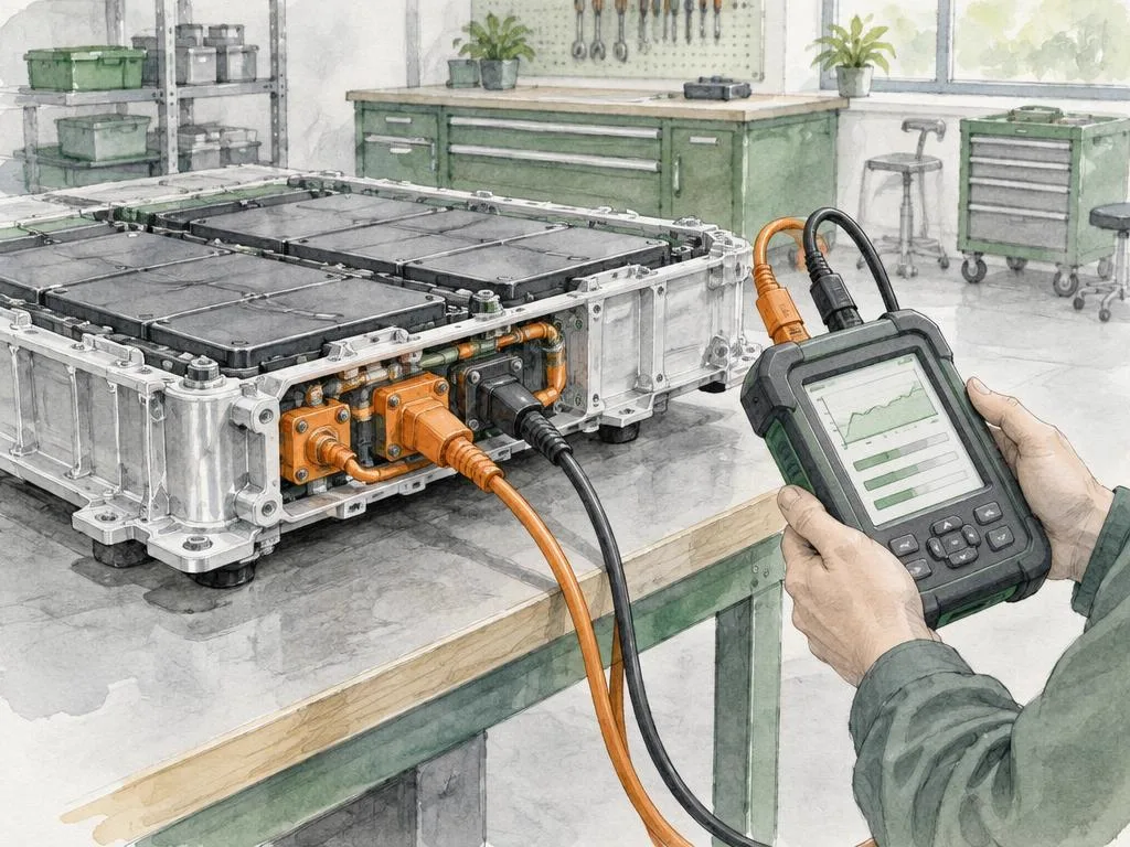 Electric car battery pack on a workbench being tested with specialist diagnostic equipment